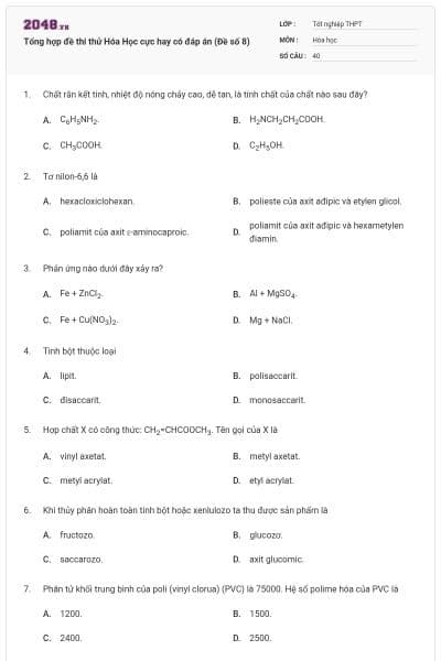Tổng hợp đề thi thử Hóa Học cực hay có đáp án (Đề số 8)