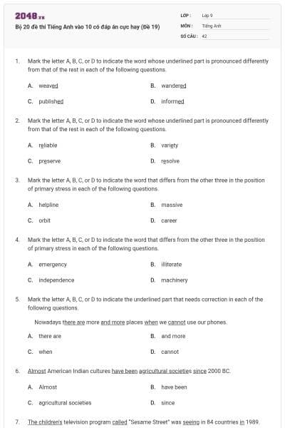 Bộ 20 đề thi Tiếng Anh vào 10 có đáp án cực hay (Đề 19)