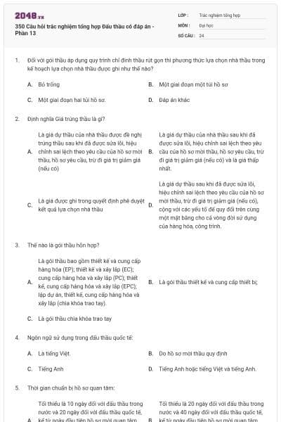 350 Câu hỏi trắc nghiệm tổng hợp Đấu thầu có đáp án - Phần 13