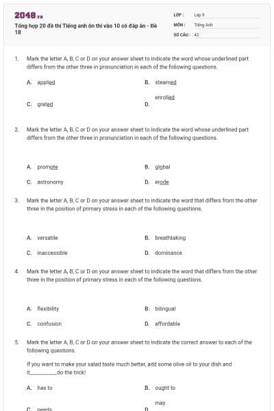 Tổng hợp 20 đề thi Tiếng anh ôn thi vào 10 có đáp án - Đề 18