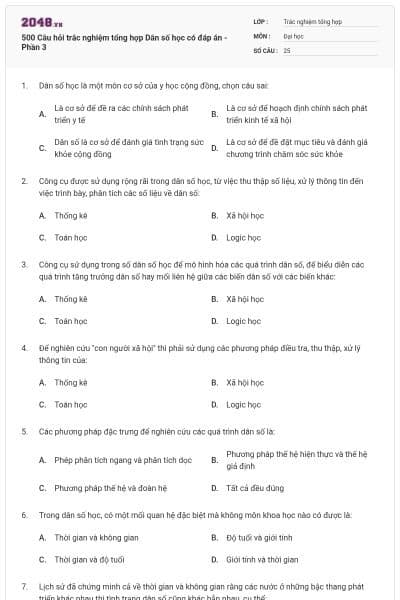 500 Câu hỏi trắc nghiệm tổng hợp Dân số học có đáp án - Phần 3