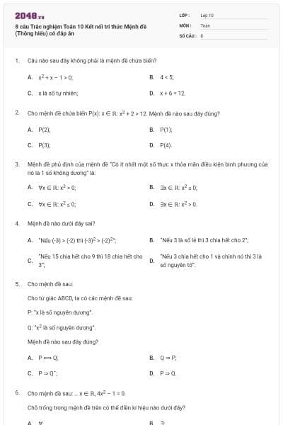 8 câu Trắc nghiệm Toán 10 Kết nối tri thức Mệnh đề (Thông hiểu) có đáp án
