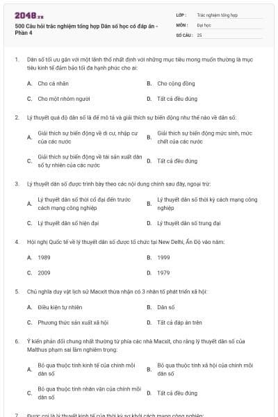 500 Câu hỏi trắc nghiệm tổng hợp Dân số học có đáp án - Phần 4