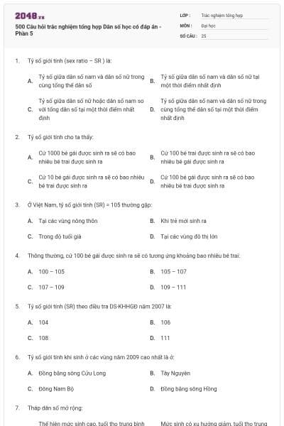 500 Câu hỏi trắc nghiệm tổng hợp Dân số học có đáp án - Phần 5