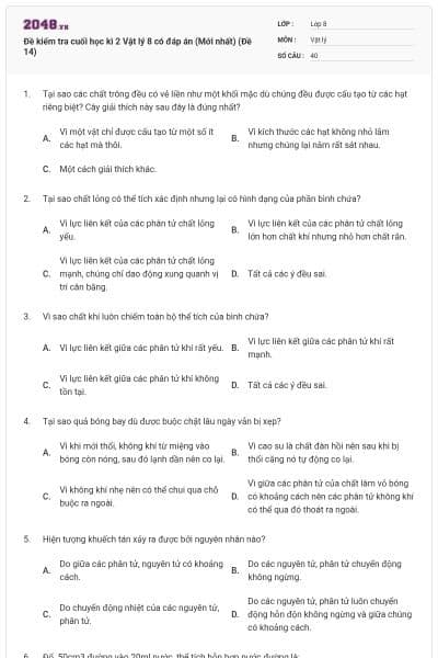 Đề kiểm tra cuối học kì 2 Vật lý 8 có đáp án (Mới nhất) (Đề 14)