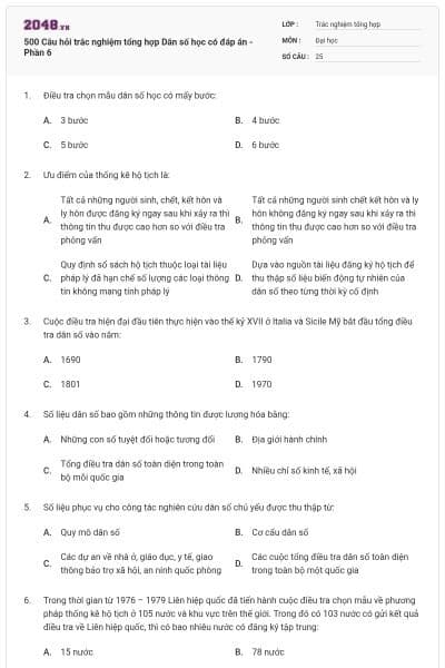 500 Câu hỏi trắc nghiệm tổng hợp Dân số học có đáp án - Phần 6