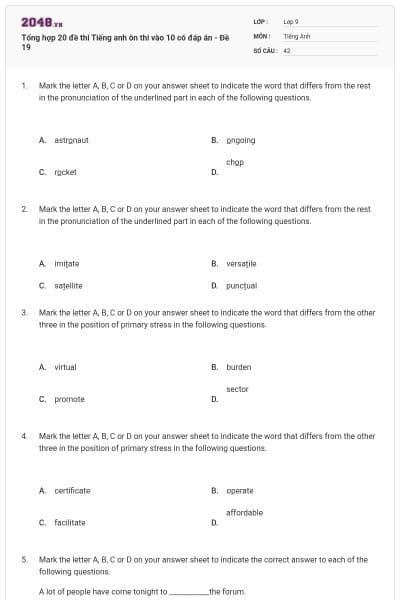 Tổng hợp 20 đề thi Tiếng anh ôn thi vào 10 có đáp án - Đề 19