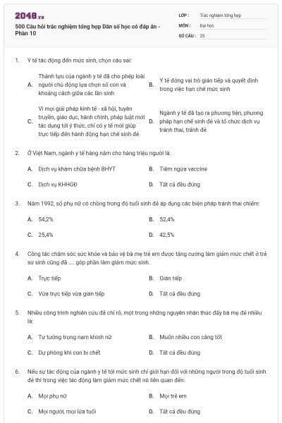500 Câu hỏi trắc nghiệm tổng hợp Dân số học có đáp án - Phần 10