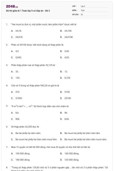 Đề thi giữa kì 1 Toán lớp 5 có đáp án - Đề 2