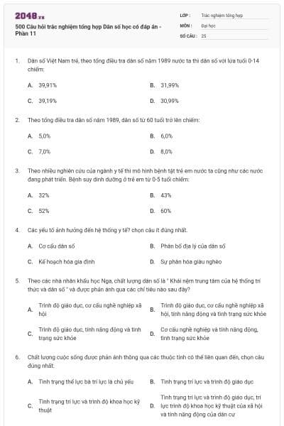 500 Câu hỏi trắc nghiệm tổng hợp Dân số học có đáp án - Phần 11
