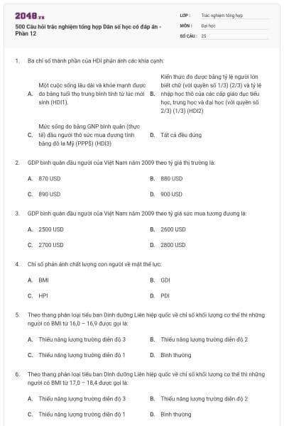 500 Câu hỏi trắc nghiệm tổng hợp Dân số học có đáp án - Phần 12