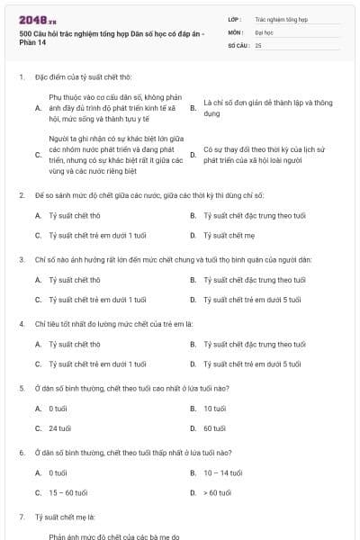 500 Câu hỏi trắc nghiệm tổng hợp Dân số học có đáp án - Phần 14