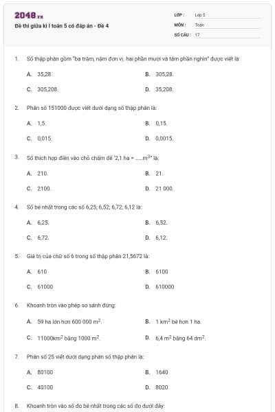 Đề thi giữa kì I toán 5 có đáp án - Đề 4