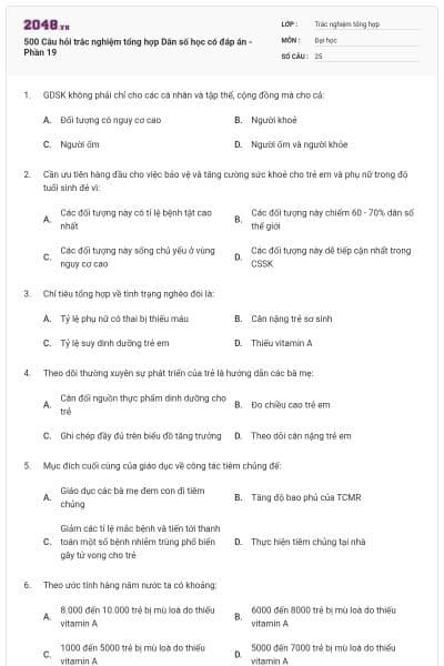 500 Câu hỏi trắc nghiệm tổng hợp Dân số học có đáp án - Phần 19