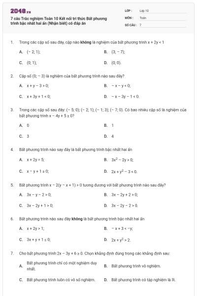 7 câu Trắc nghiệm Toán 10 Kết nối tri thức Bất phương trình bậc nhất hai ẩn (Nhận biết) có đáp án