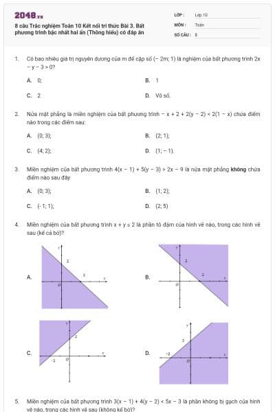 8 câu Trắc nghiệm Toán 10 Kết nối tri thức Bài 3. Bất phương trình bậc nhất hai ẩn (Thông hiểu) có đáp án