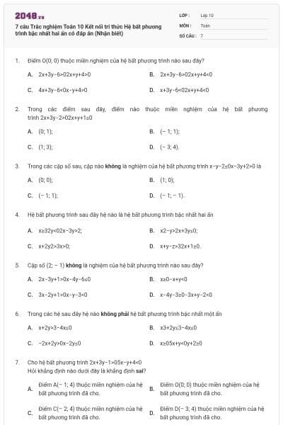 7 câu Trắc nghiệm Toán 10 Kết nối tri thức Hệ bất phương trình bậc nhất hai ẩn có đáp án (Nhận biết)