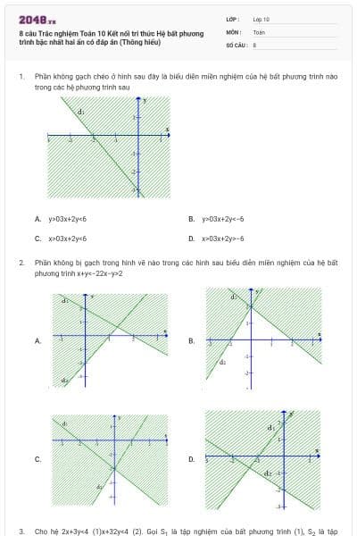 8 câu Trắc nghiệm Toán 10 Kết nối tri thức Hệ bất phương trình bậc nhất hai ẩn có đáp án (Thông hiểu)
