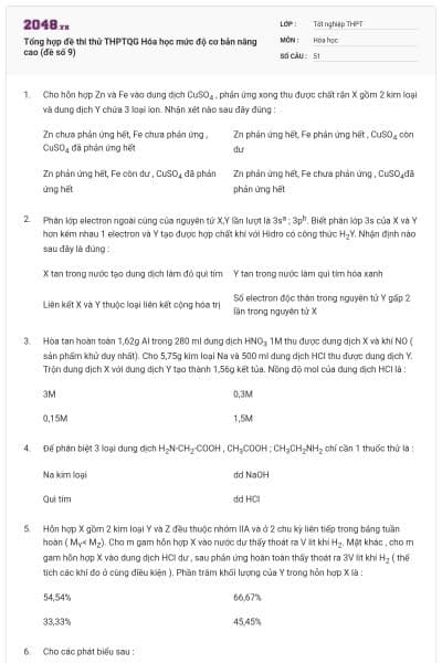 Tổng hợp đề thi thử THPTQG Hóa học mức độ cơ bản nâng cao (đề số 9)