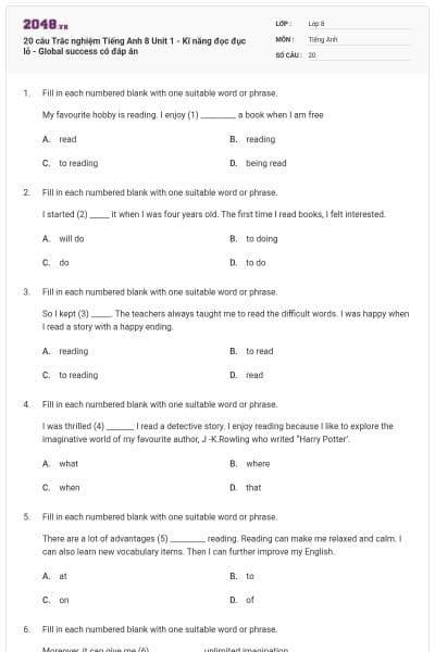 20 câu Trắc nghiệm Tiếng Anh 8 Unit 1 - Kĩ năng đọc đục lỗ - Global success có đáp án