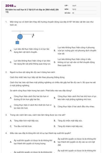 Đề kiểm tra cuối học kì 2 Vật lý 8 có đáp án (Mới nhất) (Đề 15)
