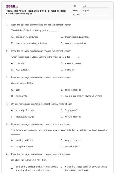 10 câu Trắc nghiệm Tiếng Anh 8 Unit 1 - Kĩ năng đọc hiểu - Global success có đáp án