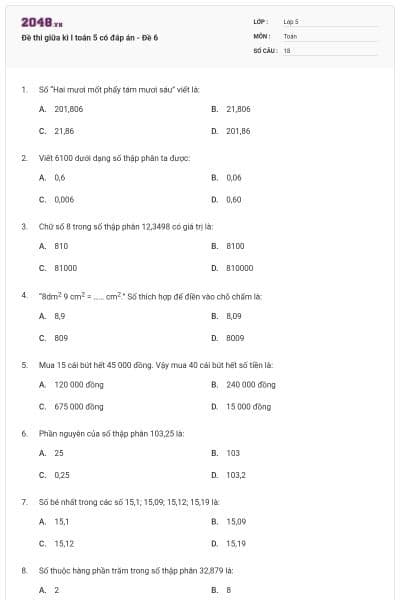 Đề thi giữa kì I toán 5 có đáp án - Đề 6