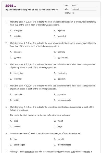 Bộ 20 đề kiểm tra Tiếng Anh thi vào 10 có đáp án - Đề 10