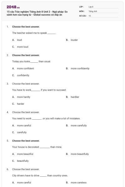 15 câu Trắc nghiệm Tiếng Anh 8 Unit 2 - Ngữ pháp: So sánh hơn của trạng từ  - Global success có đáp án