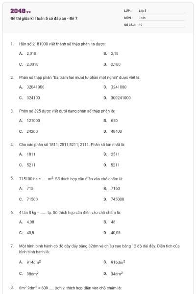 Đề thi giữa kì I toán 5 có đáp án - Đề 7