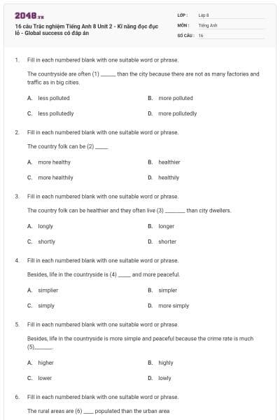 16 câu Trắc nghiệm Tiếng Anh 8 Unit 2 - Kĩ năng đọc đục lỗ - Global success có đáp án