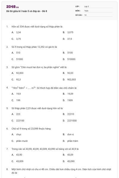 Đề thi giữa kì I toán 5 có đáp án - Đề 8