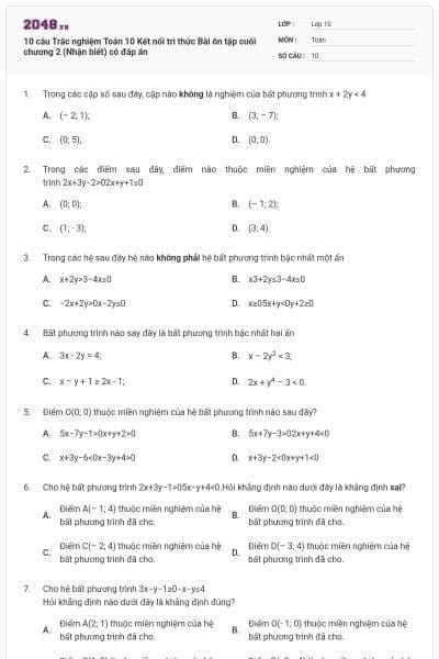 10 câu Trắc nghiệm Toán 10 Kết nối tri thức Bài ôn tập cuối chương 2 (Nhận biết) có đáp án