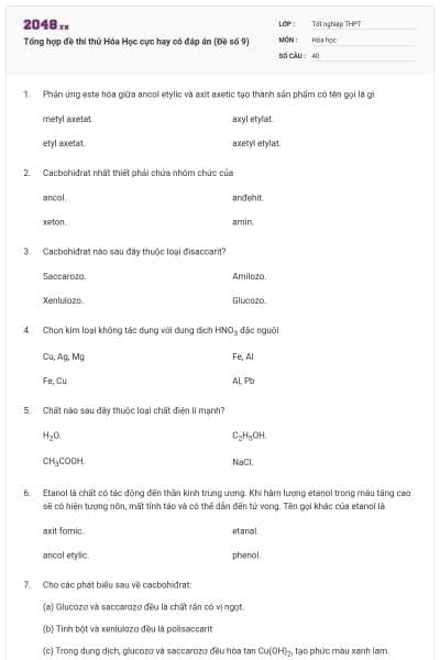 Tổng hợp đề thi thử Hóa Học cực hay có đáp án (Đề số 9)