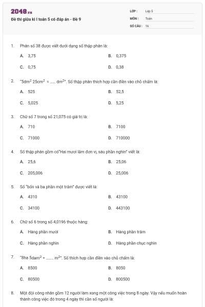 Đề thi giữa kì I toán 5 có đáp án - Đề 9