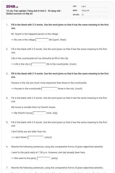 10 câu Trắc nghiệm Tiếng Anh 8 Unit 2 - Kĩ năng viết - Global success có đáp án