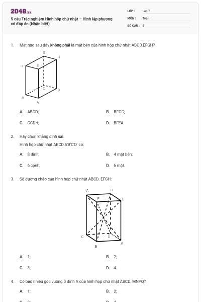 5 câu Trắc nghiệm Hình hộp chữ nhật – Hình lập phương có đáp án (Nhận biết)