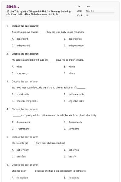 25 câu Trắc nghiệm Tiếng Anh 8 Unit 3 - Từ vựng: Đời sống của thanh thiếu niên - Global success có đáp án
