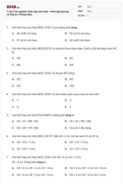 7 câu Trắc nghiệm Hình hộp chữ nhật – Hình lập phương có đáp án (Thông hiểu)