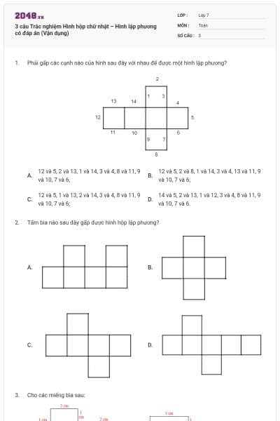 3 câu Trắc nghiệm Hình hộp chữ nhật – Hình lập phương có đáp án (Vận dụng)