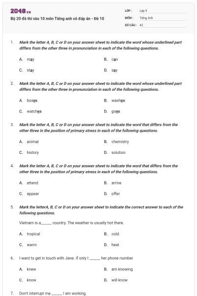 Bộ 20 đề thi vào 10 môn Tiếng anh có đáp án - Đề 10