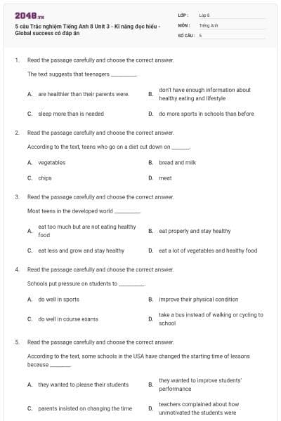 5 câu Trắc nghiệm Tiếng Anh 8 Unit 3 - Kĩ năng đọc hiểu - Global success có đáp án