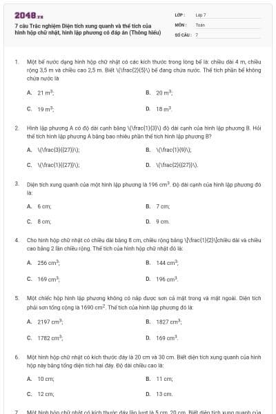 7 câu Trắc nghiệm Diện tích xung quanh và thể tích của hình hộp chữ nhật, hình lập phương có đáp án (Thông hiểu)