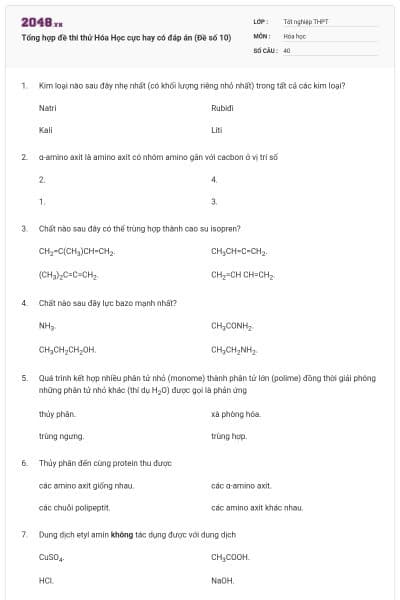Tổng hợp đề thi thử Hóa Học cực hay có đáp án (Đề số 10)