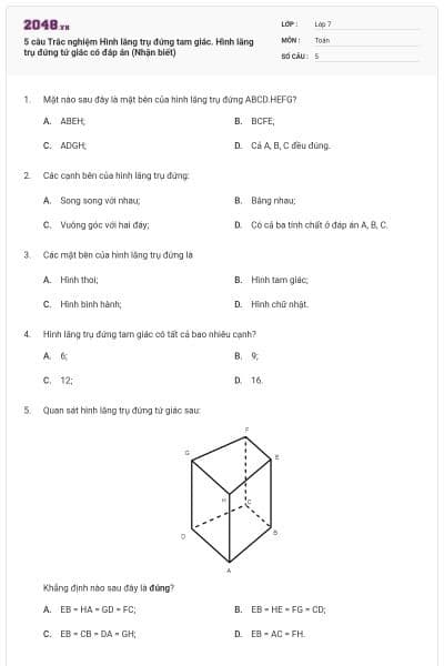 5 câu Trắc nghiệm Hình lăng trụ đứng tam giác. Hình lăng trụ đứng tứ giác có đáp án (Nhận biết)