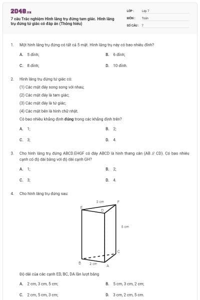 7 câu Trắc nghiệm Hình lăng trụ đứng tam giác. Hình lăng trụ đứng tứ giác có đáp án (Thông hiểu)