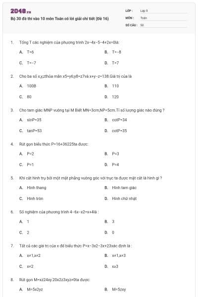 Bộ 30 đề thi vào 10 môn Toán có lời giải chi tiết (Đề 16)