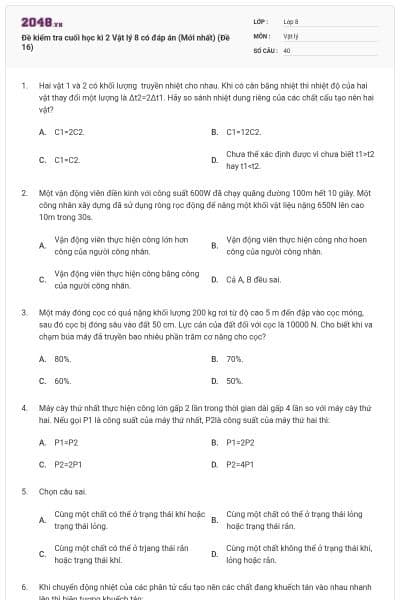 Đề kiểm tra cuối học kì 2 Vật lý 8 có đáp án (Mới nhất) (Đề 16)