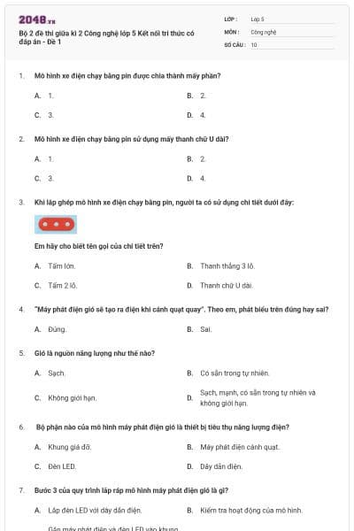 Bộ 2 đề thi giữa kì 2 Công nghệ lớp 5 Kết nối tri thức có đáp án - Đề 1