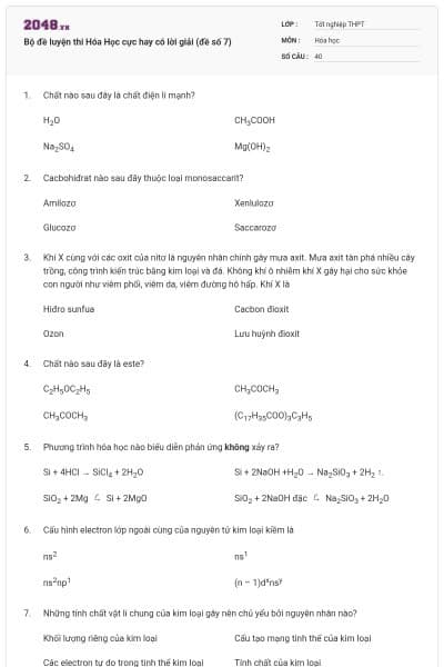 Bộ đề luyện thi Hóa Học cực hay có lời giải (đề số 7)